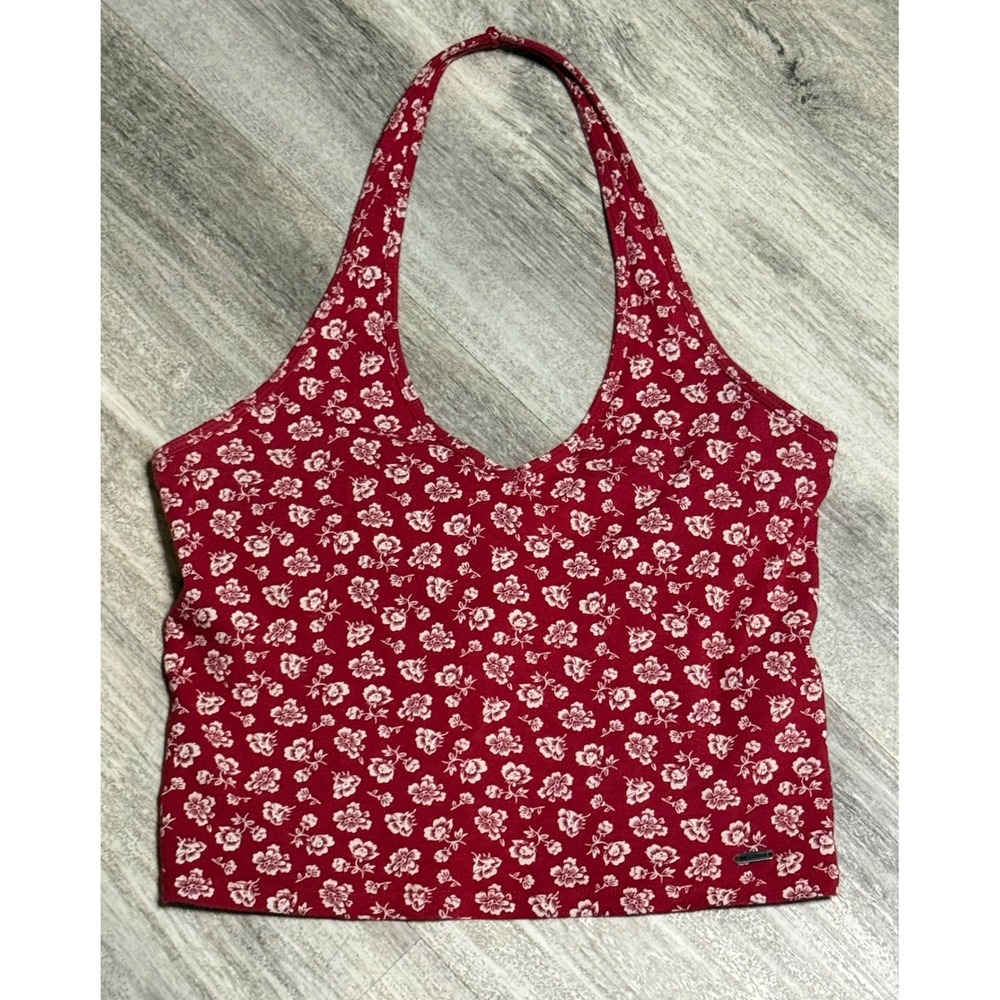 Hollister Red Floral Halter Crop Top Must-Have Collection Small V-Neck Top